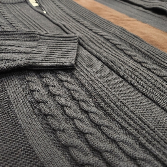 Vintage Tagio Cable Knit Cardigan Zip Sweater, Wool Suede Black/ Brown, Men's XL - Picture 4 of 5